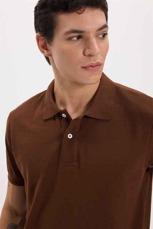 Erkek Slim Fit Dar Kesim Pamuklu Yumuşak Doku Nefes Alan Kumaş Kahverengi Polo Yaka Tişört