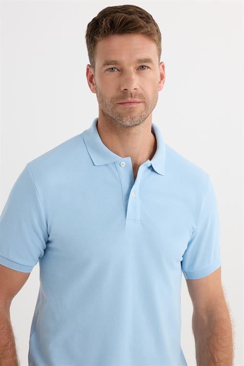 Erkek Slim Fit Dar Kesim Pamuklu Yumuşak Doku Nefes Alan Kumaş Kıvrılmaz Yaka Mavi Polo Yaka Tişört