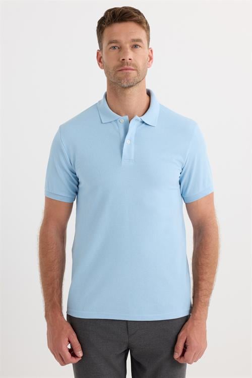Erkek Slim Fit Dar Kesim Pamuklu Yumuşak Doku Nefes Alan Kumaş Kıvrılmaz Yaka Mavi Polo Yaka Tişört