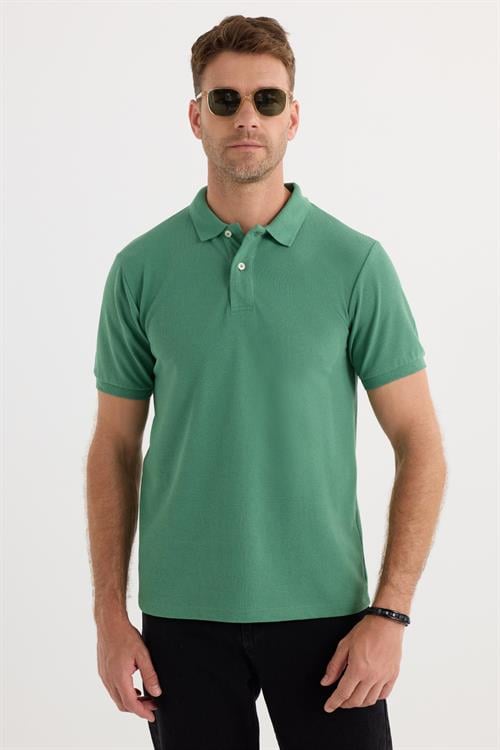 Erkek Slim Fit Dar Kesim Pamuklu Yumuşak Dokulu Serin Tutan Kumaş Düz Pike Yeşil Polo Yaka Tişört