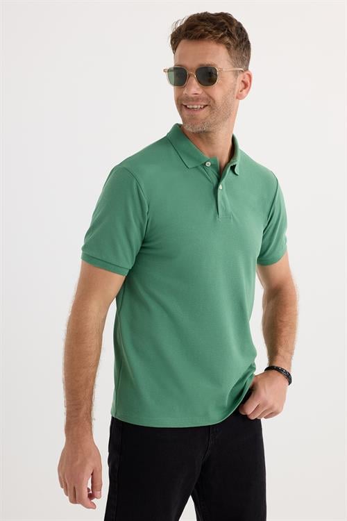 Erkek Slim Fit Dar Kesim Pamuklu Yumuşak Dokulu Serin Tutan Kumaş Düz Pike Yeşil Polo Yaka Tişört