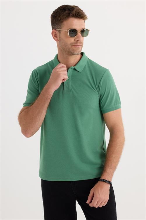 Erkek Slim Fit Dar Kesim Pamuklu Yumuşak Dokulu Serin Tutan Kumaş Düz Pike Yeşil Polo Yaka Tişört