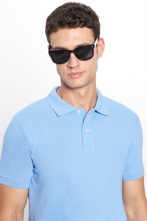 Erkek Slim Fit Dar Kesim Pamuklu Yumuşak Doku Nefes Alan Kumaş Kıvrılmaz Yaka Mavi Polo Yaka Tişört