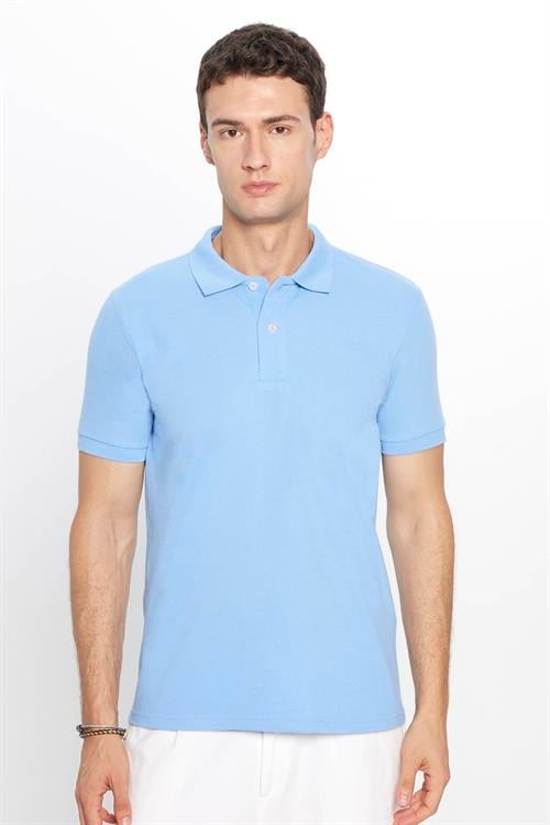 Erkek Slim Fit Dar Kesim Pamuklu Yumuşak Doku Nefes Alan Kumaş Kıvrılmaz Yaka Mavi Polo Yaka Tişört