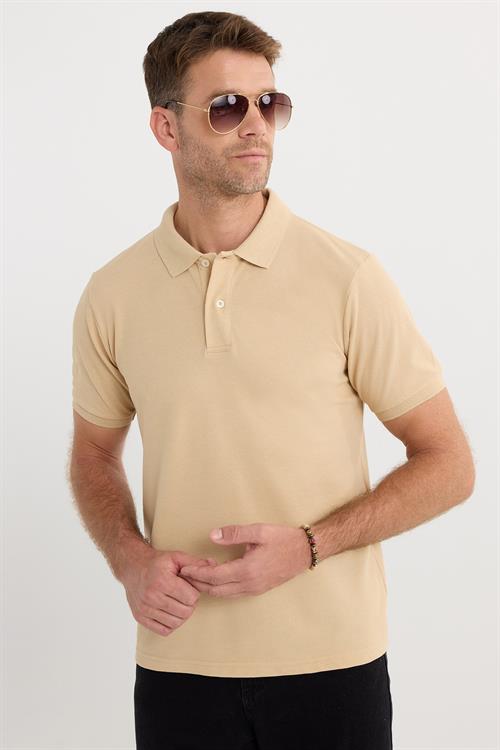 Erkek Slim Fit Dar Kesim Pamuklu Yumuşak Dokulu Serin Tutan Kumaş Düz Pike Kum Beji Polo Yaka Tişört