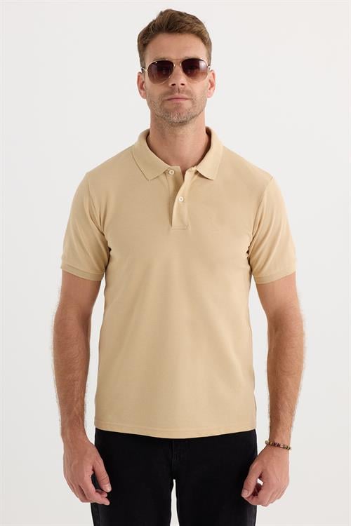 Erkek Slim Fit Dar Kesim Pamuklu Yumuşak Dokulu Serin Tutan Kumaş Düz Pike Kum Beji Polo Yaka Tişört