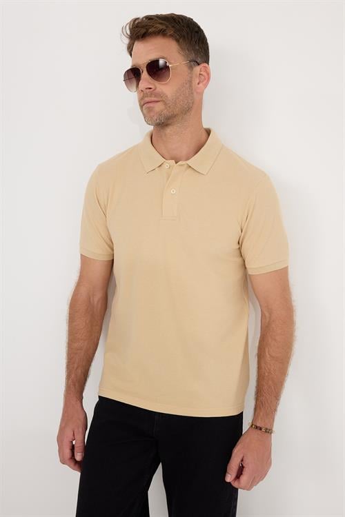 Erkek Slim Fit Dar Kesim Pamuklu Yumuşak Dokulu Serin Tutan Kumaş Düz Pike Kum Beji Polo Yaka Tişört