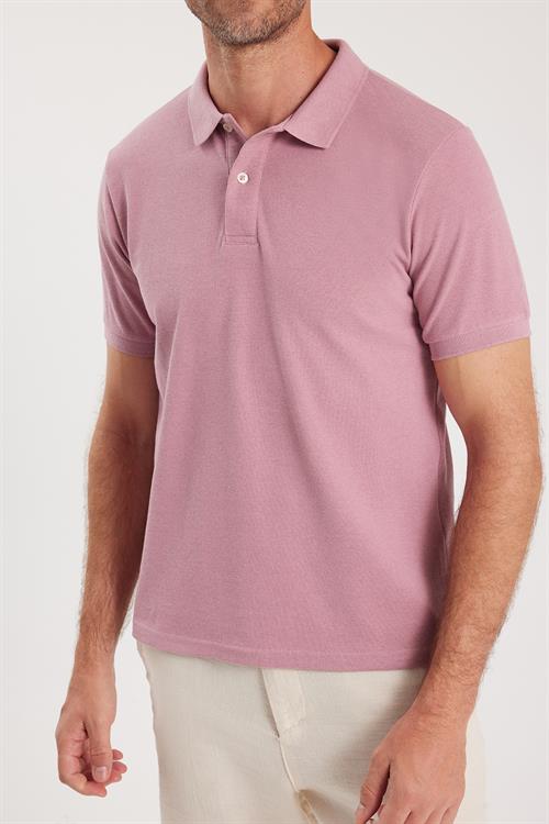 Erkek Slim Fit Dar Kesim Pamuklu Yumuşak Dokulu Serin Tutan Kumaş Düz Pike Lila Polo Yaka Tişört