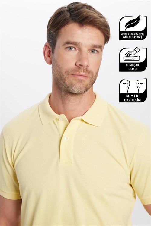 Erkek Slim Fit Dar Kesim Pamuklu Yumuşak Doku Nefes Alan Kumaş Kıvrılmaz Yaka Sarı Polo Yaka Tişört