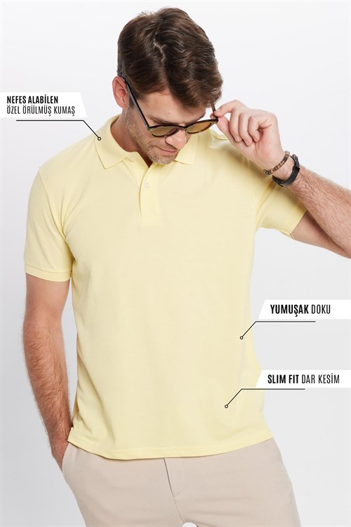 Erkek Slim Fit Dar Kesim Pamuklu Yumuşak Doku Nefes Alan Kumaş Kıvrılmaz Yaka Sarı Polo Yaka Tişört
