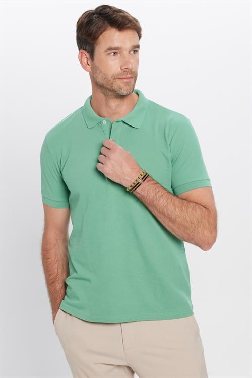 Erkek Slim Fit Dar Kesim Pamuklu Yumuşak Dokulu Serin Tutan Kumaş Düz Pike Yeşil Polo Yaka Tişört