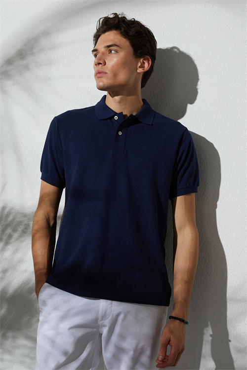 Erkek Slim Fit Dar Kesim Pamuklu Yumuşak Dokulu Serin Tutan Kumaş Düz Pike Lacivert Polo Yaka Tişört