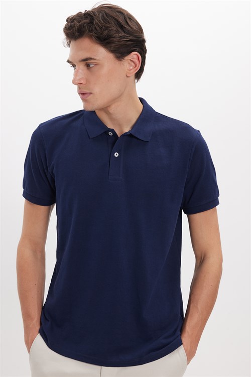 Erkek Slim Fit Dar Kesim Pamuklu Yumuşak Dokulu Serin Tutan Kumaş Düz Pike Lacivert Polo Yaka Tişört