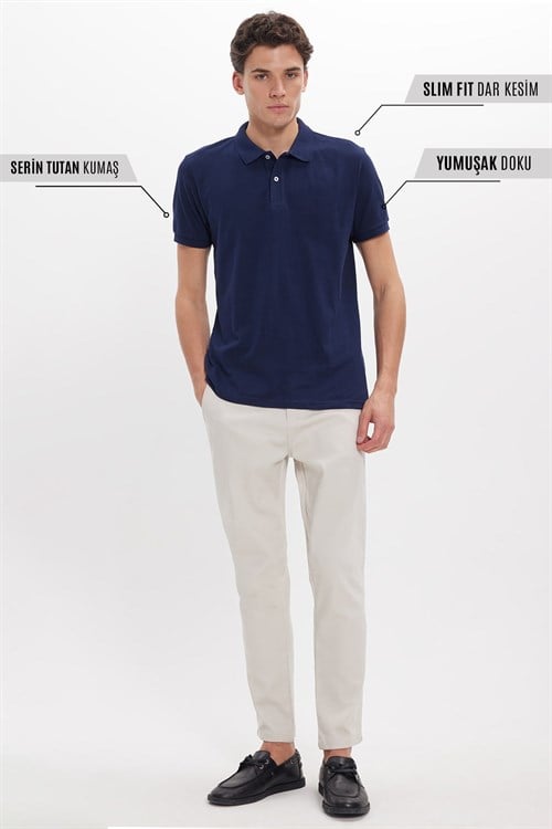 Erkek Slim Fit Dar Kesim Pamuklu Yumuşak Dokulu Serin Tutan Kumaş Düz Pike Lacivert Polo Yaka Tişört