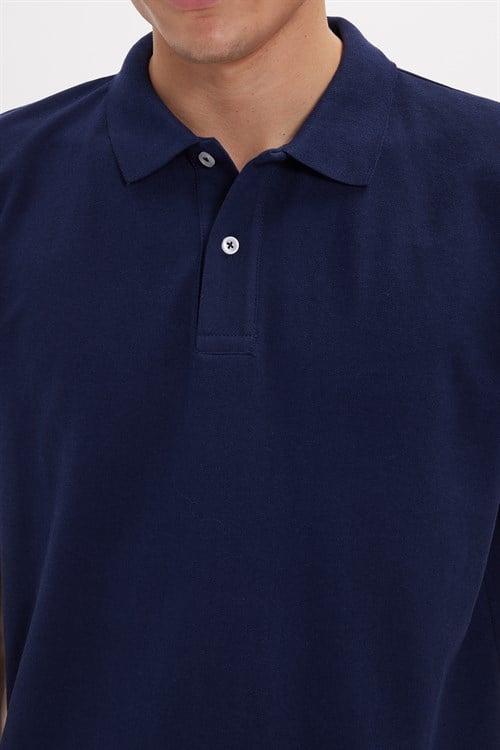 Erkek Slim Fit Dar Kesim Pamuklu Yumuşak Dokulu Serin Tutan Kumaş Düz Pike Lacivert Polo Yaka Tişört