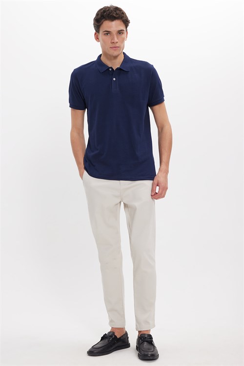 Erkek Slim Fit Dar Kesim Pamuklu Yumuşak Dokulu Serin Tutan Kumaş Düz Pike Lacivert Polo Yaka Tişört