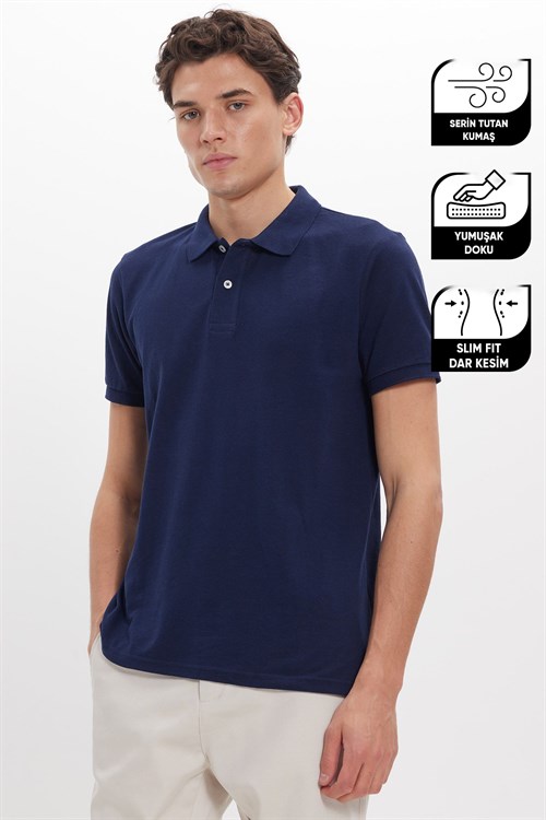 Erkek Slim Fit Dar Kesim Pamuklu Yumuşak Dokulu Serin Tutan Kumaş Düz Pike Lacivert Polo Yaka Tişört