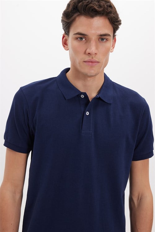 Erkek Slim Fit Dar Kesim Pamuklu Yumuşak Dokulu Serin Tutan Kumaş Düz Pike Lacivert Polo Yaka Tişört