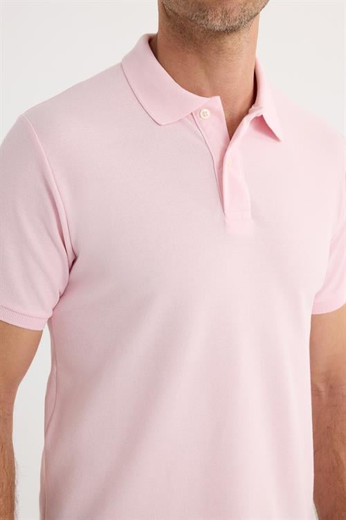Erkek Slim Fit Dar Kesim Pamuklu Yumuşak Dokulu Serin Tutan Kumaş Düz Pike Pembe Polo Yaka Tişört