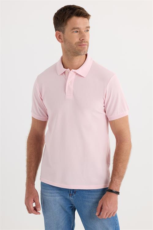 Erkek Slim Fit Dar Kesim Pamuklu Yumuşak Dokulu Serin Tutan Kumaş Düz Pike Pembe Polo Yaka Tişört