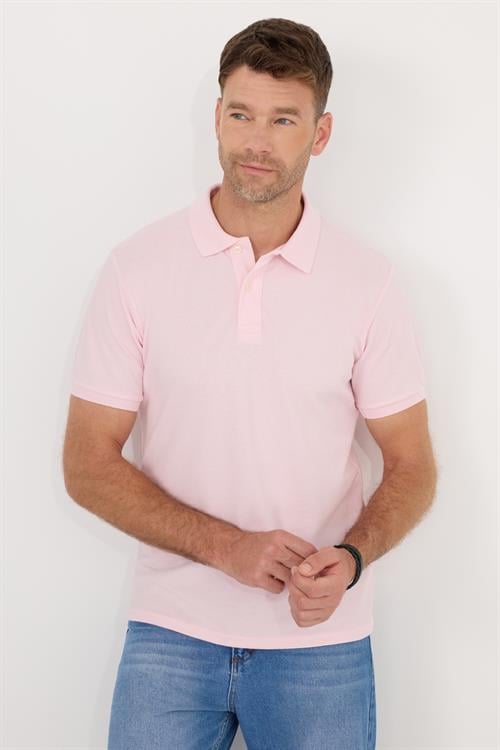 Erkek Slim Fit Dar Kesim Pamuklu Yumuşak Dokulu Serin Tutan Kumaş Düz Pike Pembe Polo Yaka Tişört
