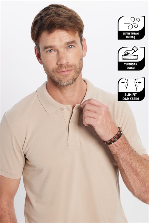 Erkek Slim Fit Dar Kesim Pamuklu Yumuşak Dokulu Serin Tutan Kumaş Düz Pike Taş Renk Polo Yaka Tişört