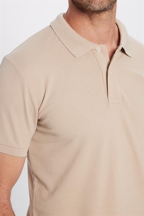 Erkek Slim Fit Dar Kesim Pamuklu Yumuşak Dokulu Serin Tutan Kumaş Düz Pike Taş Renk Polo Yaka Tişört