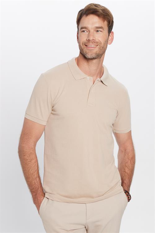 Erkek Slim Fit Dar Kesim Pamuklu Yumuşak Dokulu Serin Tutan Kumaş Düz Pike Taş Renk Polo Yaka Tişört
