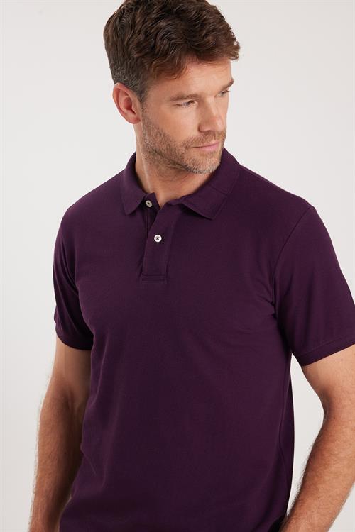 Erkek Slim Fit Dar Kesim Pamuklu Yumuşak Dokulu Serin Tutan Kumaş Düz Pike Mürdüm Polo Yaka Tişört