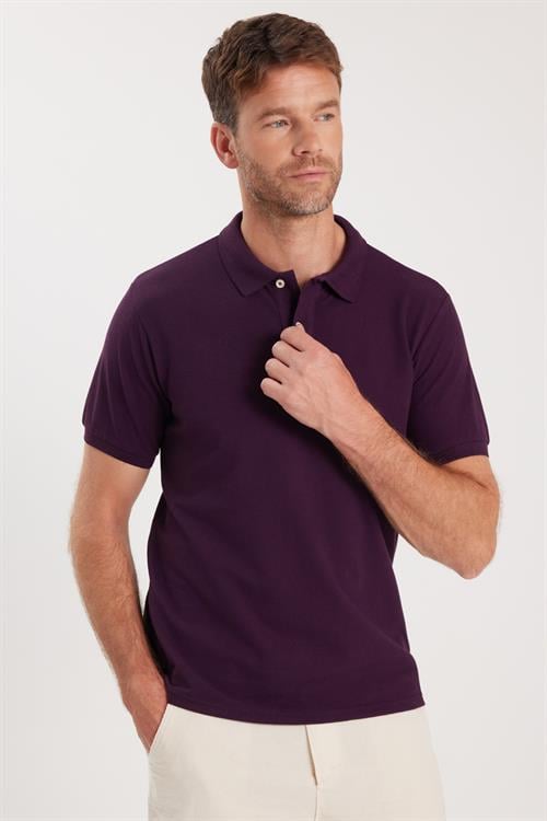 Erkek Slim Fit Dar Kesim Pamuklu Yumuşak Dokulu Serin Tutan Kumaş Düz Pike Mürdüm Polo Yaka Tişört