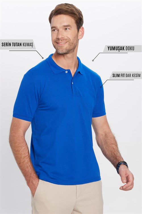 Erkek Slim Fit Dar Kesim Pamuklu Yumuşak Dokulu Serin Tutan Kumaş Düz Saks Mavi Polo Yaka Tişört