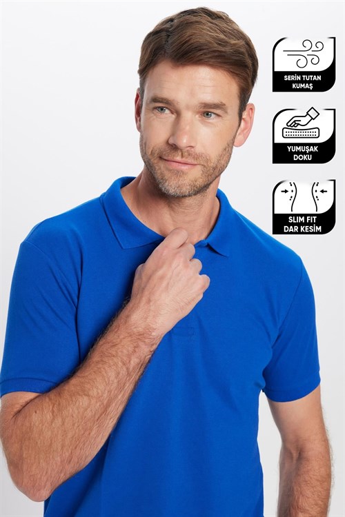 Erkek Slim Fit Dar Kesim Pamuklu Yumuşak Dokulu Serin Tutan Kumaş Düz Saks Mavi Polo Yaka Tişört