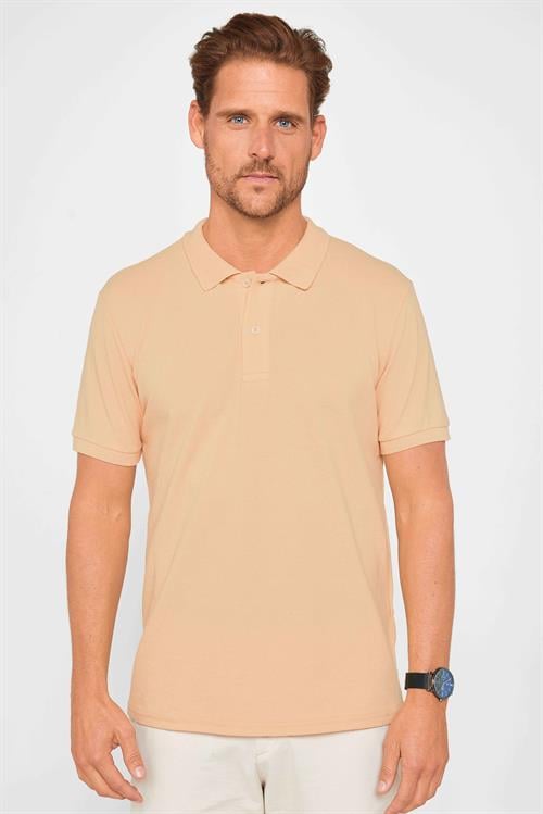 Erkek Slim Fit Dar Kesim Pamuklu Yumuşak Doku Nefes Alan Kumaş Kıvrılmaz Yaka Bej Polo Yaka Tişört