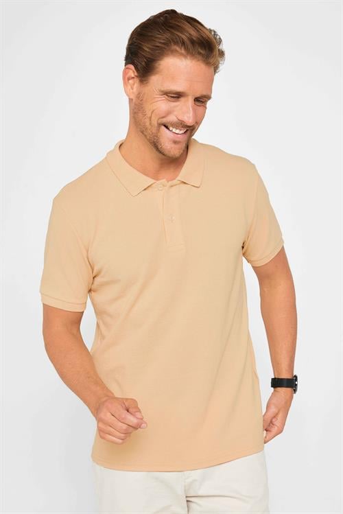 Erkek Slim Fit Dar Kesim Pamuklu Yumuşak Doku Nefes Alan Kumaş Kıvrılmaz Yaka Bej Polo Yaka Tişört