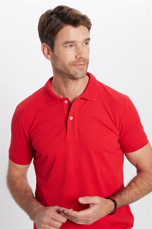 Erkek Slim Fit Dar Kesim Pamuklu Yumuşak Dokulu Serin Tutan Kumaş Düz Pike Kırmızı Polo Yaka Tişört