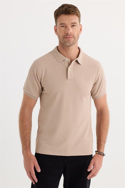 Erkek Slim Fit Dar Kesim Pamuklu Yumuşak Dokulu Serin Tutan Kumaş Düz Pike Bej Polo Yaka Tişört