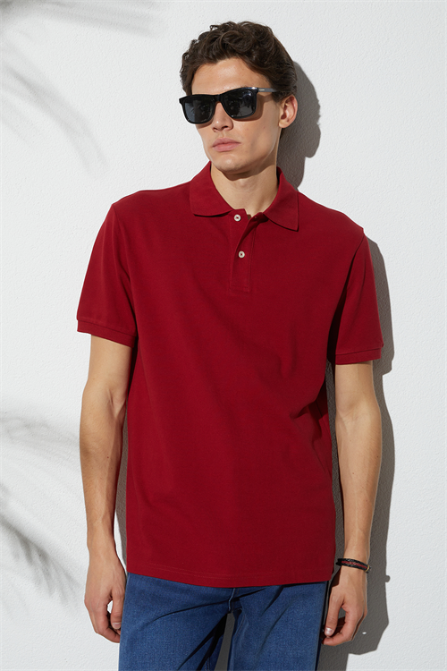 Erkek Slim Fit Dar Kesim Pamuklu Yumuşak Doku Nefes Alan Kumaş Kıvrılmaz Yaka Bordo Polo Yaka Tişört