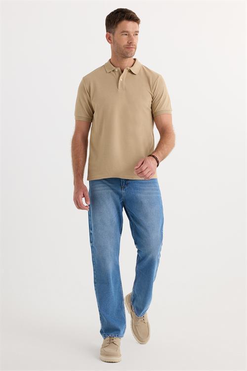 Erkek Slim Fit Dar Kesim Pamuklu Yumuşak Dokulu Serin Tutan Kumaş Düz Pike Bej Polo Yaka Tişört