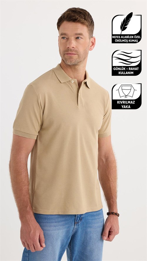 Erkek Slim Fit Dar Kesim Pamuklu Yumuşak Dokulu Serin Tutan Kumaş Düz Pike Bej Polo Yaka Tişört