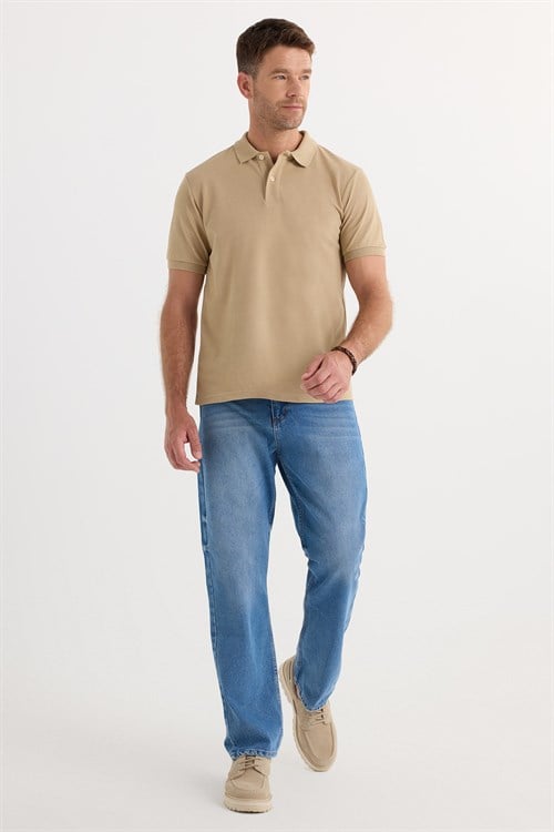 Erkek Slim Fit Dar Kesim Pamuklu Yumuşak Dokulu Serin Tutan Kumaş Düz Pike Bej Polo Yaka Tişört