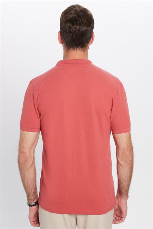 Erkek Slim Fit Dar Kesim Pamuklu Yumuşak Dokulu Serin Tutan Kumaş Düz Pike Kiremit Polo Yaka Tişört