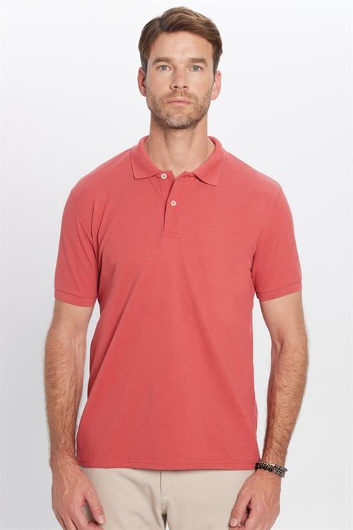 Erkek Slim Fit Dar Kesim Pamuklu Yumuşak Dokulu Serin Tutan Kumaş Düz Pike Kiremit Polo Yaka Tişört