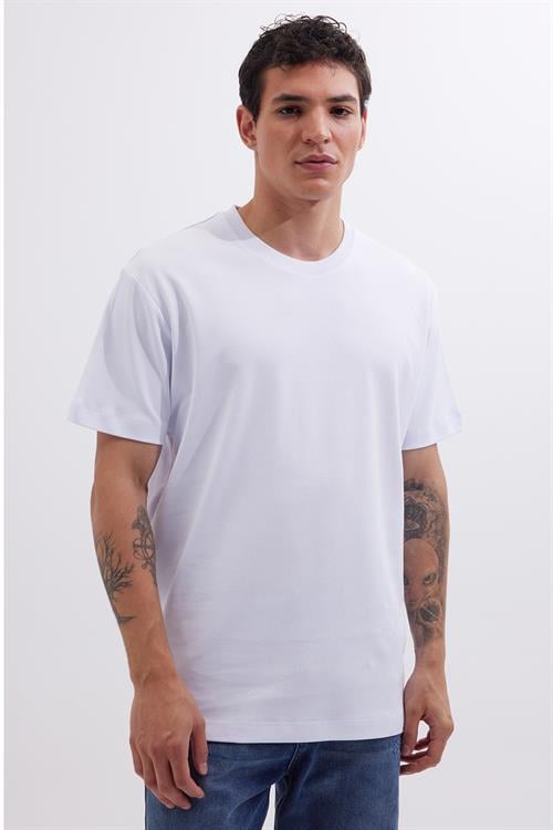 Unisex Relax Fit Rahat Kesim %100 Pamuk Yumuşak Dokulu Hafif Kalın Basic Bisiklet Yaka Beyaz Tişört