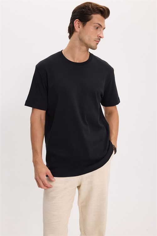 Unisex Relax Fit Rahat Kesim %100 Pamuk Yumuşak Dokulu Hafif Kalın Basic Bisiklet Yaka Siyah Tişört