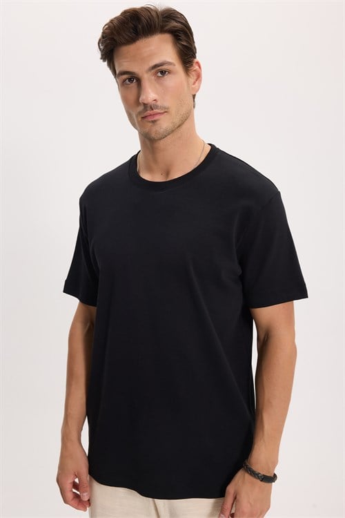 Unisex Relax Fit Rahat Kesim %100 Pamuk Yumuşak Dokulu Hafif Kalın Basic Bisiklet Yaka Siyah Tişört