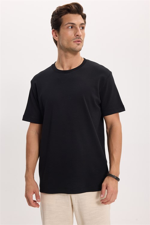 Unisex Relax Fit Rahat Kesim %100 Pamuk Yumuşak Dokulu Hafif Kalın Basic Bisiklet Yaka Siyah Tişört