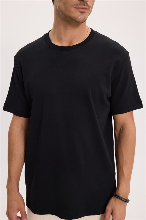 Unisex Relax Fit Rahat Kesim %100 Pamuk Yumuşak Dokulu Hafif Kalın Basic Bisiklet Yaka Siyah Tişört