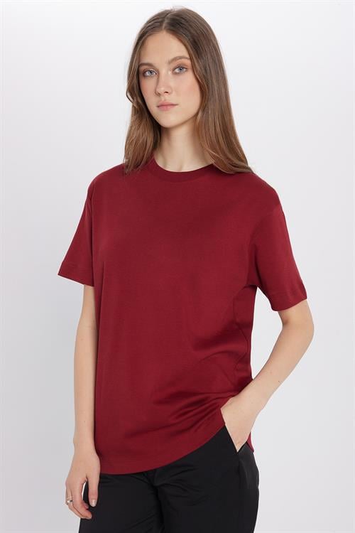 Unisex Relax Fit Rahat Kesim %100 Pamuk Yumuşak Dokulu Hafif Kalın Basic Bisiklet Yaka Bordo Tişört