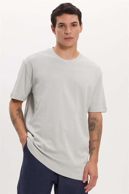 Unisex Relax Fit Rahat Kesim %100 Pamuk Yumuşak Dokulu Hafif Kalın Basic Bisiklet Yaka Gri Tişört