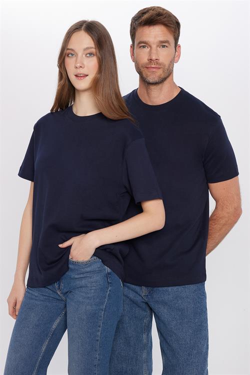 Unisex Relax Fit Rahat Kesim %100 Pamuk Yumuşak Dokulu Hafif Kalın Bisiklet Yaka Lacivert Tişört